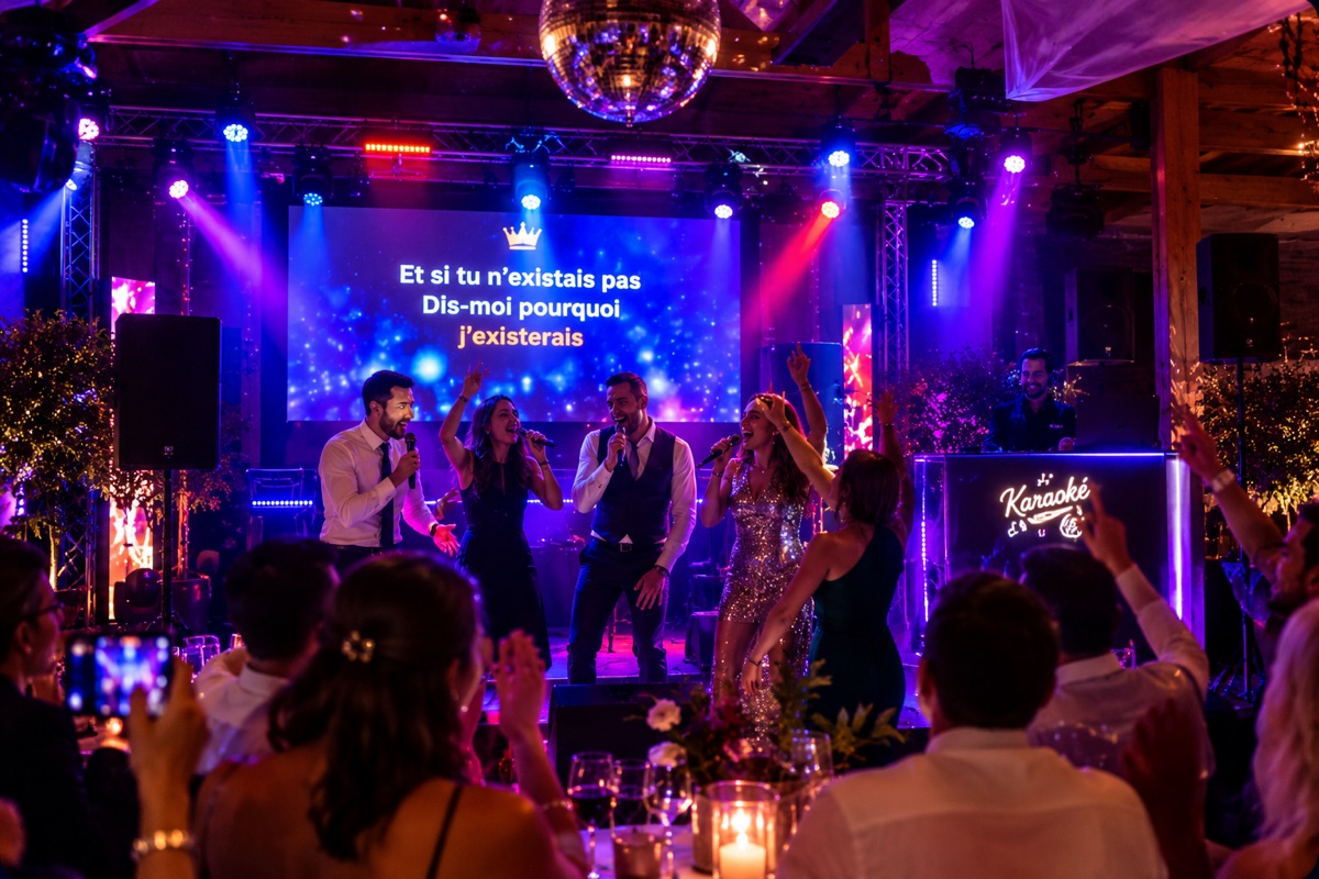 Soirée karaoké, invités au micro sous les lumières néon et la boule à facettes